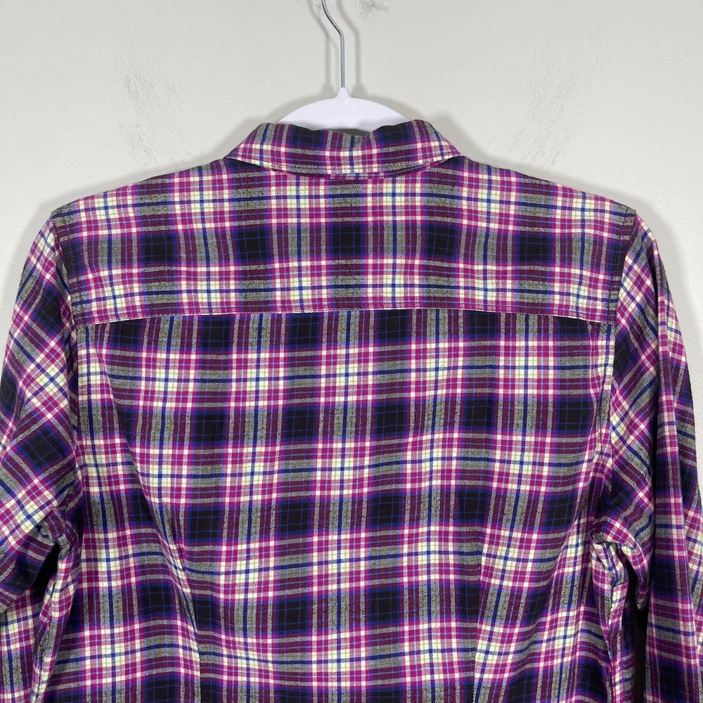 Eddie Bauer Flannel Shirt Womens Medium Blk Purple Plaid Fitted Outdoor Gorpcore - Picture 5 of 7